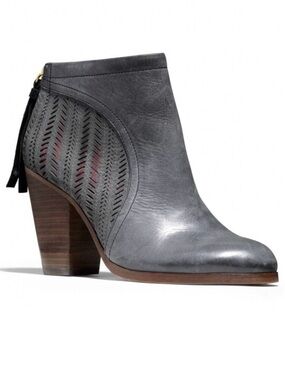 Coach Honey Leather Perforated High Heel Booties Size Women's 8 B Charcoal Gray